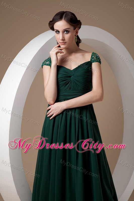 Dark Green Cap Sleeves Court Train Ruching Chiffon Mothers Dresses with Beading