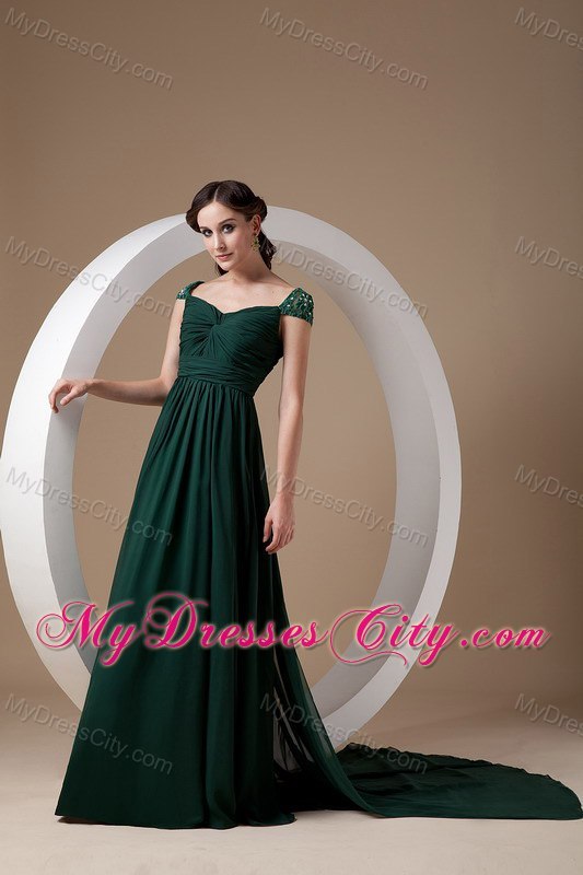 Dark Green Cap Sleeves Court Train Ruching Chiffon Mothers Dresses with Beading