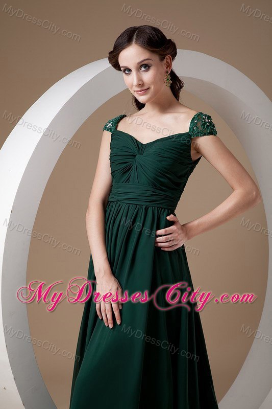 Dark Green Cap Sleeves Court Train Ruching Chiffon Mothers Dresses with Beading