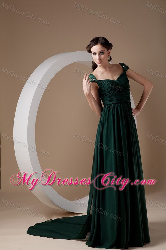 Dark Green Cap Sleeves Court Train Ruching Chiffon Mothers Dresses with Beading