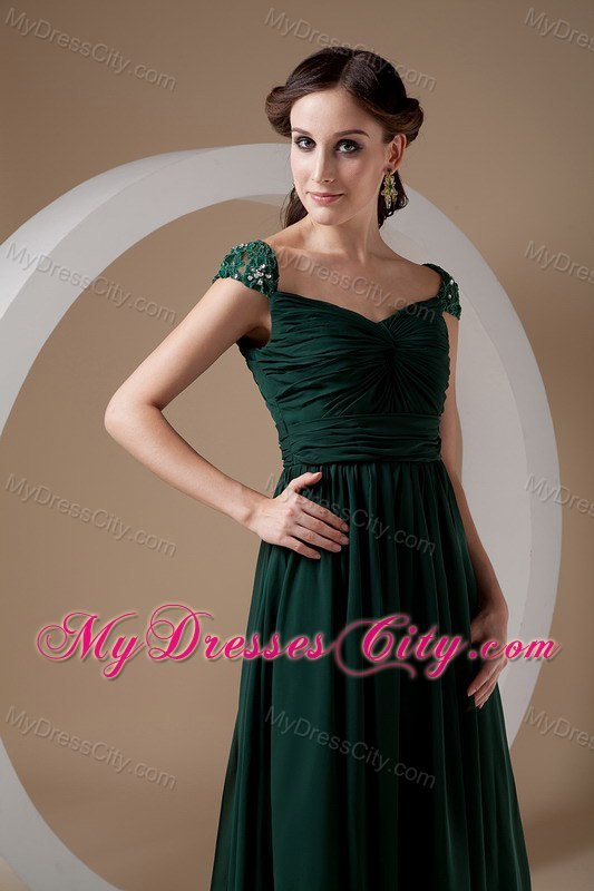 Dark Green Cap Sleeves Court Train Ruching Chiffon Mothers Dresses with Beading