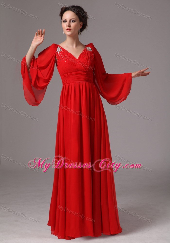 Red Long Sleeves V-neck Ruching Mother Of The Bride Dress with Rhinestones