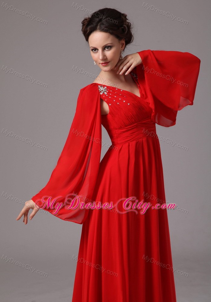 Red Long Sleeves V-neck Ruching Mother Of The Bride Dress with Rhinestones