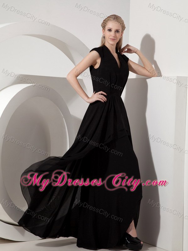 Long Black Chiffon V-neck Ruched Mother of the Bride Dress