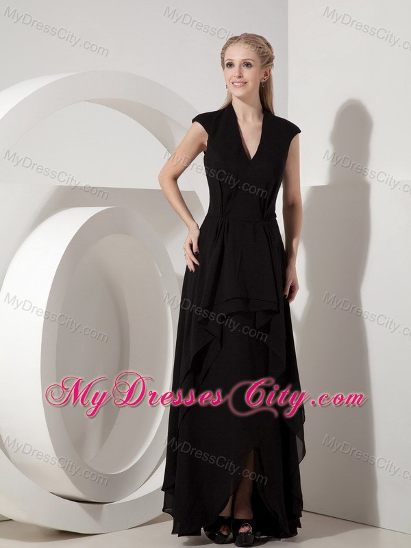 Long Black Chiffon V-neck Ruched Mother of the Bride Dress