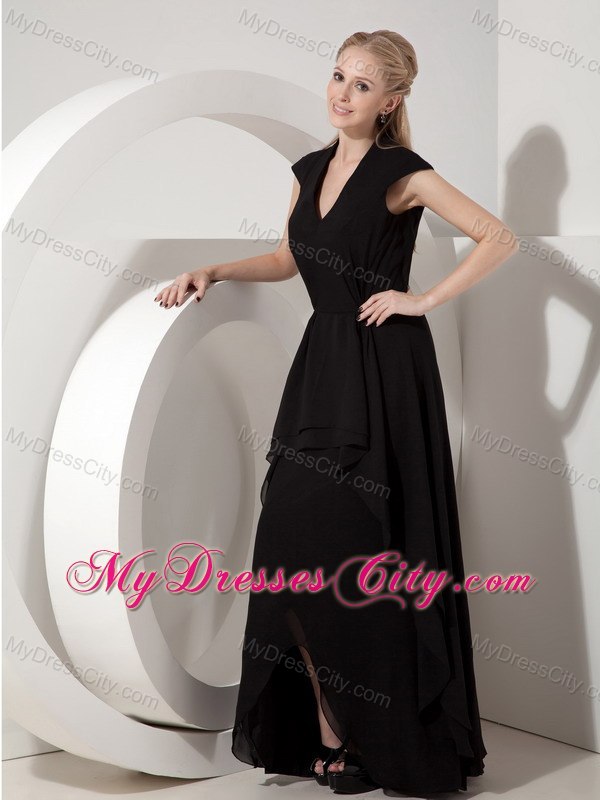 Long Black Chiffon V-neck Ruched Mother of the Bride Dress