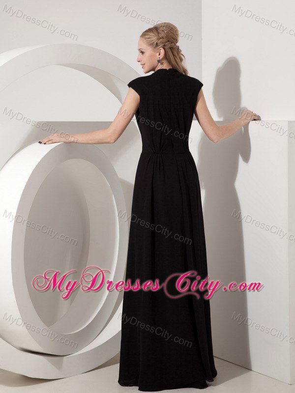 Long Black Chiffon V-neck Ruched Mother of the Bride Dress