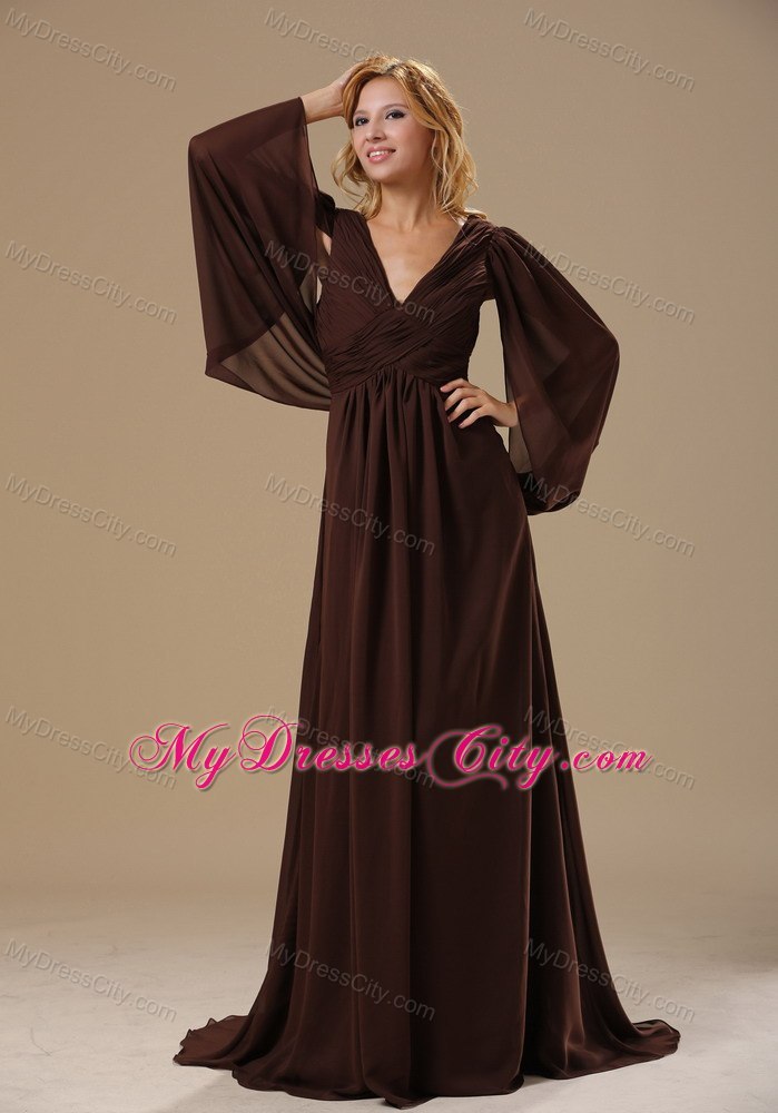 Brown Column V-neck Mother Dress with Big Fan Long Sleeves