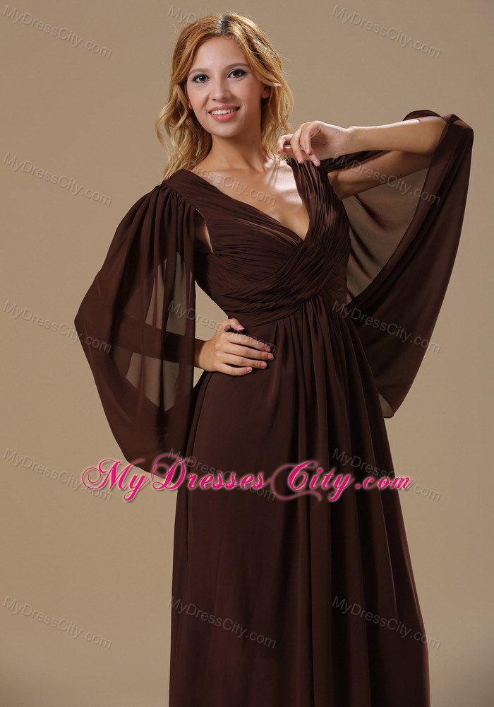 Brown Column V-neck Mother Dress with Big Fan Long Sleeves