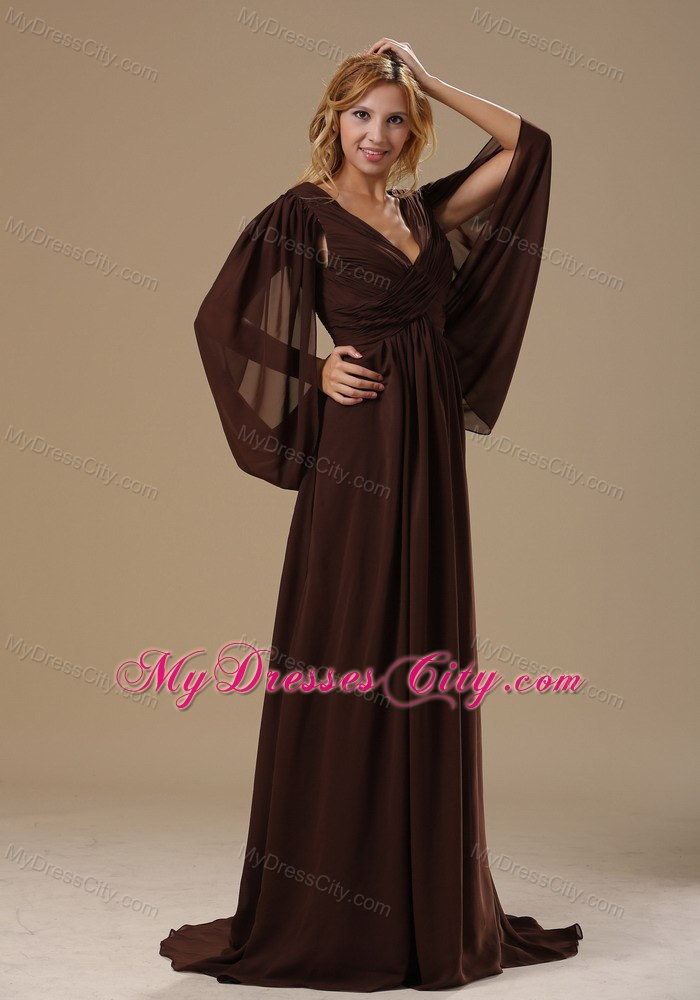 Brown Column V-neck Mother Dress with Big Fan Long Sleeves