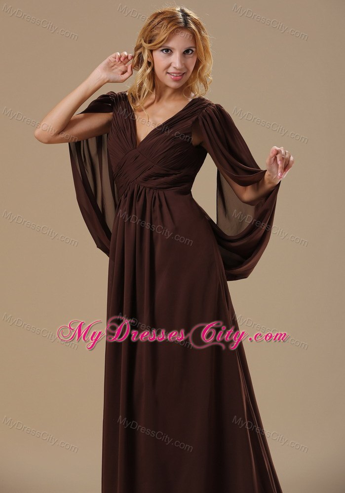 Brown Column V-neck Mother Dress with Big Fan Long Sleeves