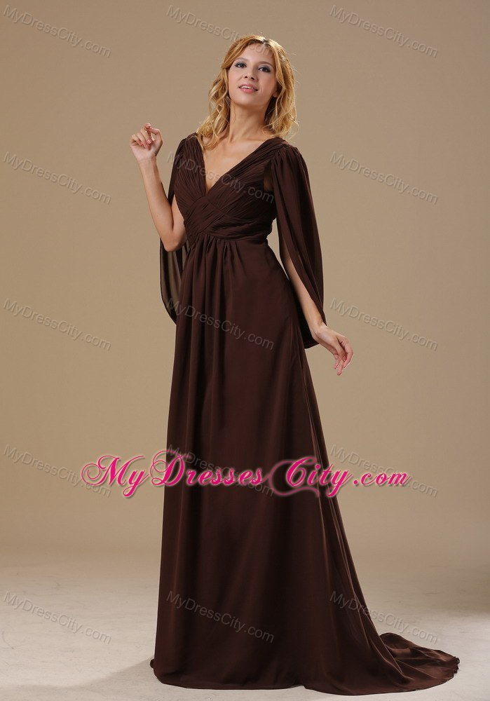 Brown Column V-neck Mother Dress with Big Fan Long Sleeves