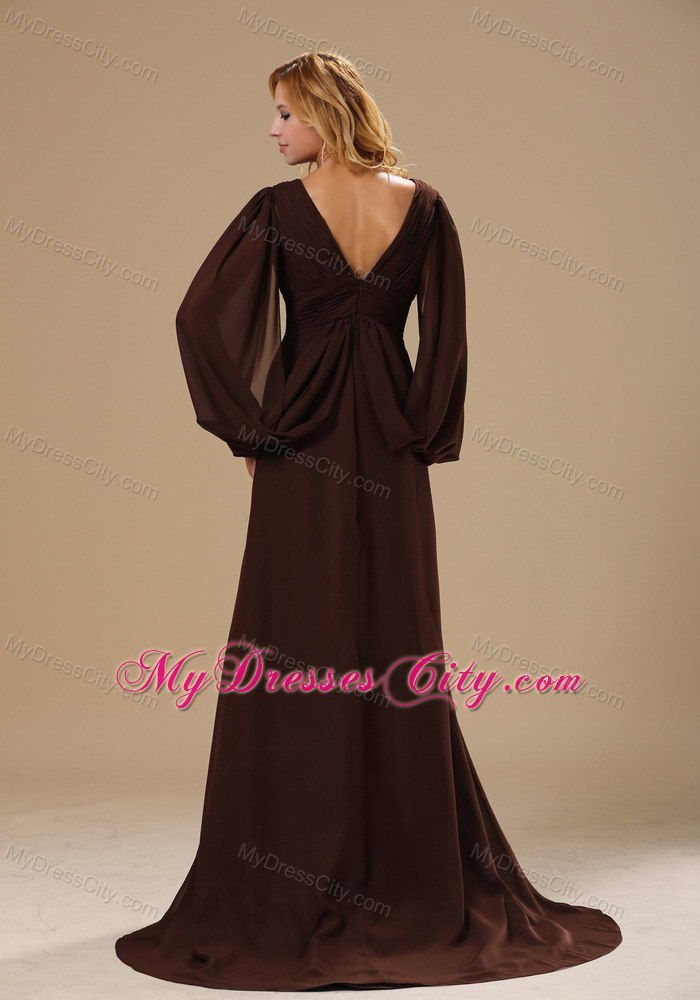 Brown Column V-neck Mother Dress with Big Fan Long Sleeves