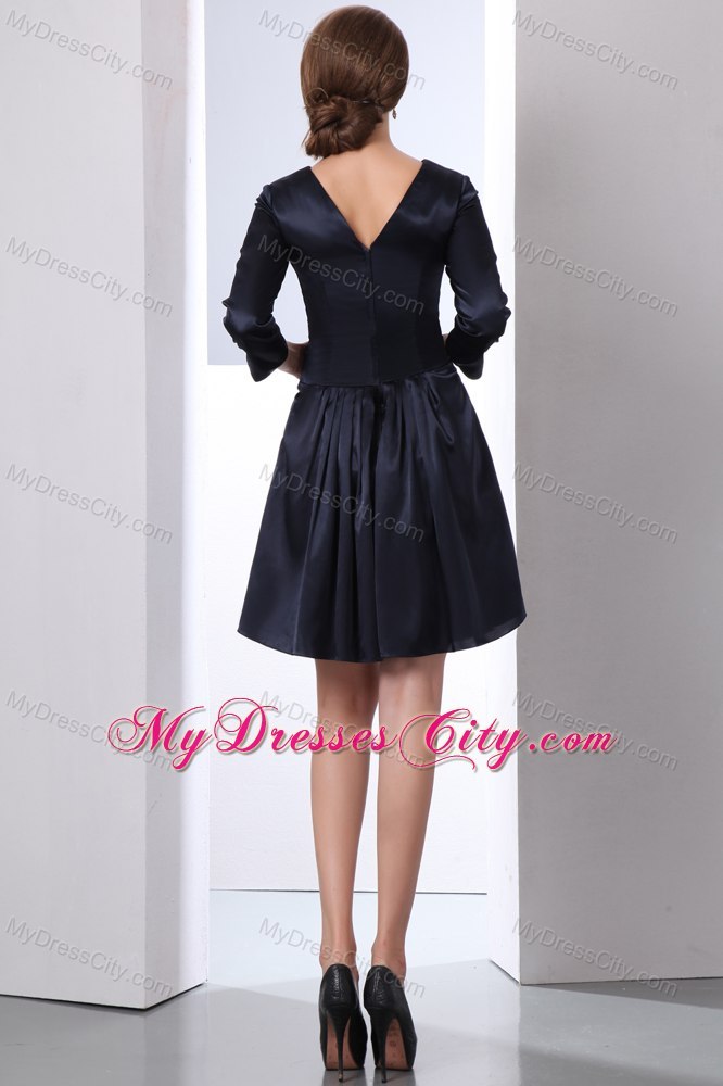 V-neck Mini Black Mother Bride Dress with Long Sleeves