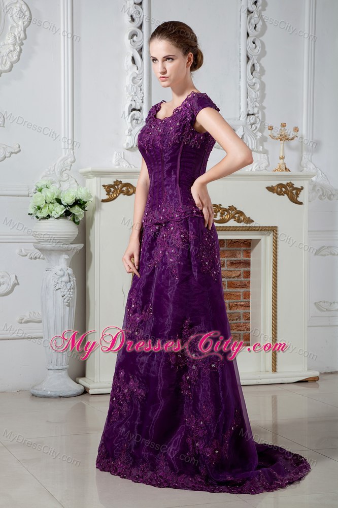 Purple A-line Scoop Appliqued Two-piece Mother Bride Dress