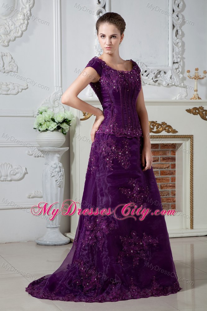 Purple A-line Scoop Appliqued Two-piece Mother Bride Dress