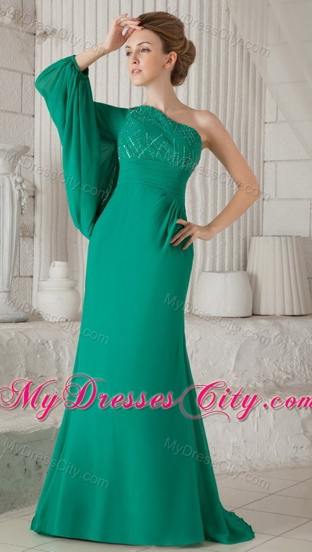 Long Green Mother Dress with Single Big Fan Sleeve