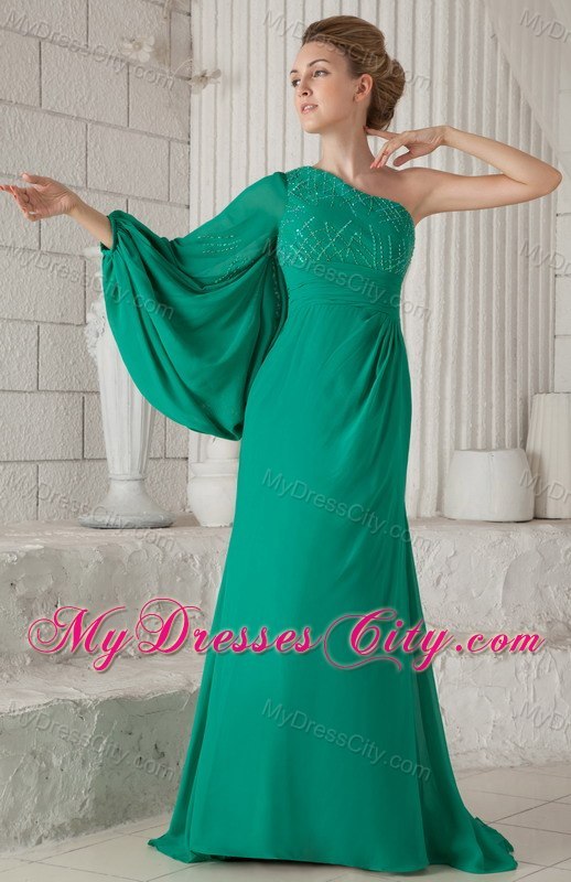 Long Green Mother Dress with Single Big Fan Sleeve