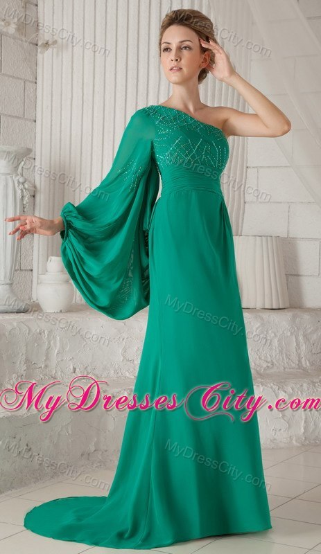 Long Green Mother Dress with Single Big Fan Sleeve