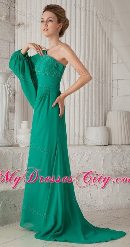 Long Green Mother Dress with Single Big Fan Sleeve