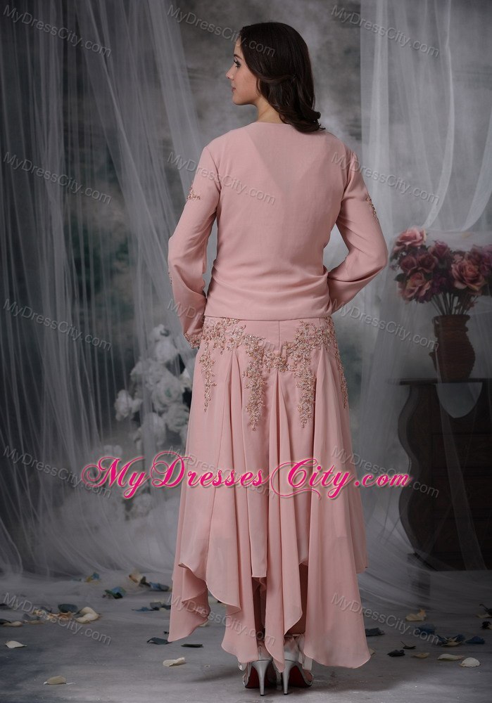 Pink Asymmetrical V-neck Appliqued Mother of the Bride Dress