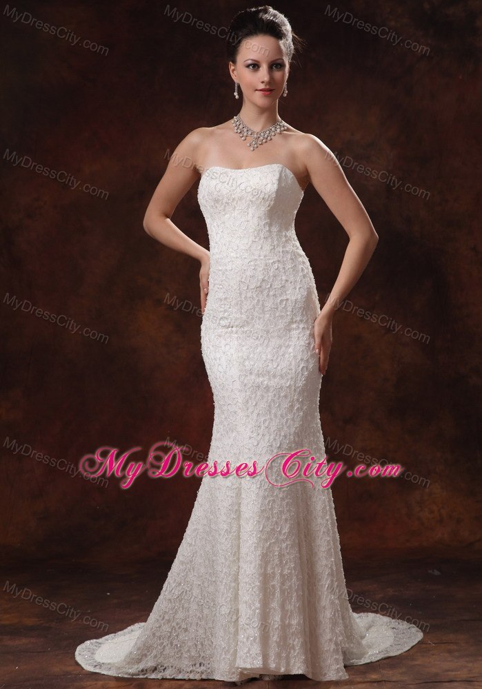 Mermaid Strapless Wedding Dress For Custom Made Lace Brush Train