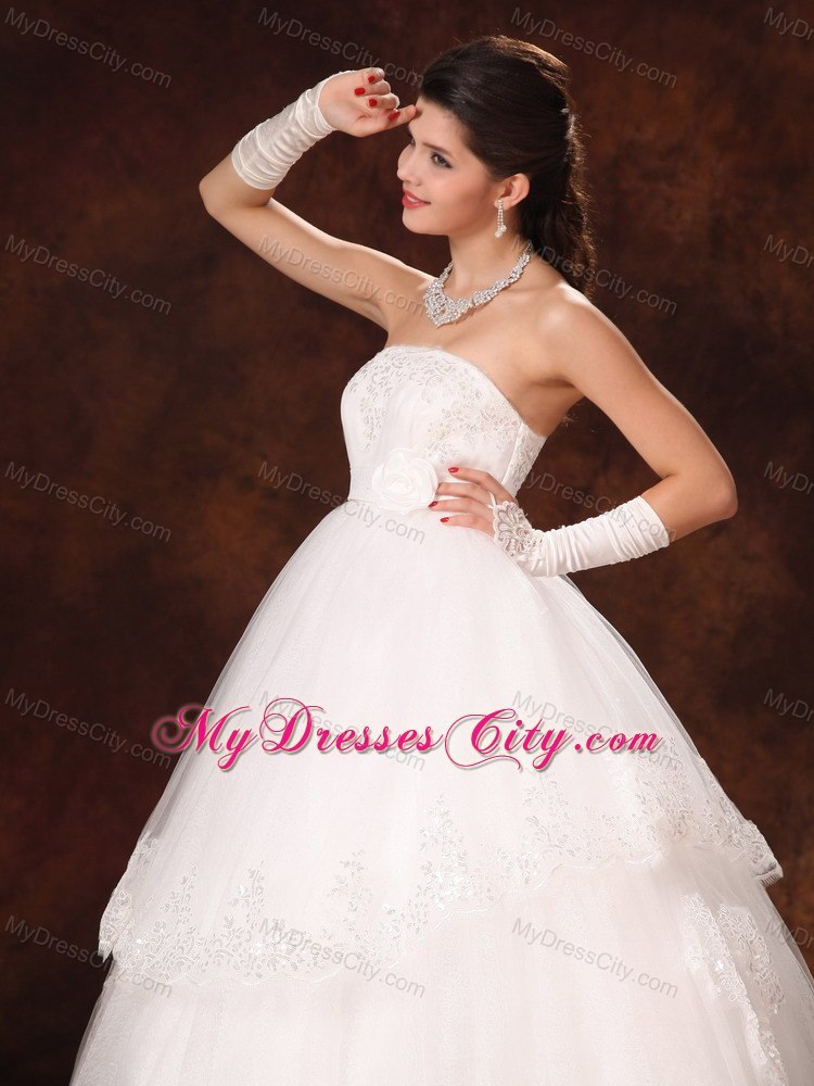 Designer Puffy Strapless Appliques Flowers Garden Wedding Gowns