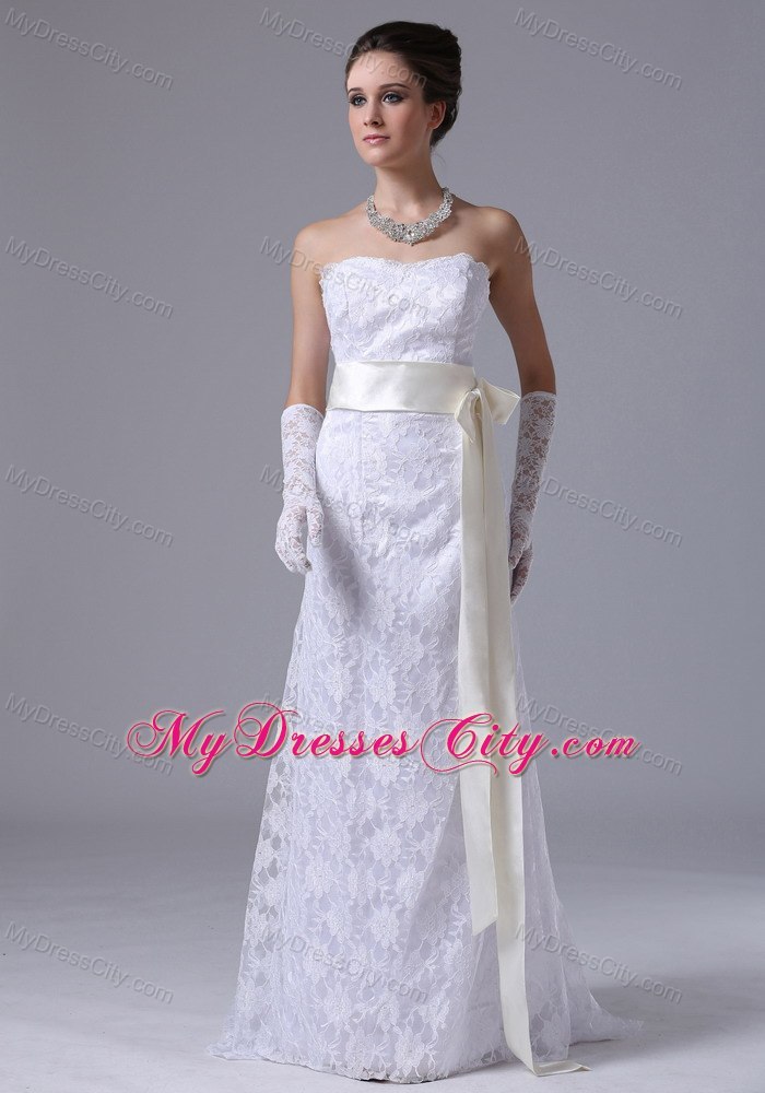 Stylish Strapless Lace Column Brush Wedding Dress With Champagne Sash