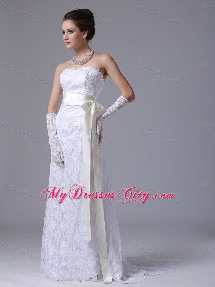 Stylish Strapless Lace Column Brush Wedding Dress With Champagne Sash