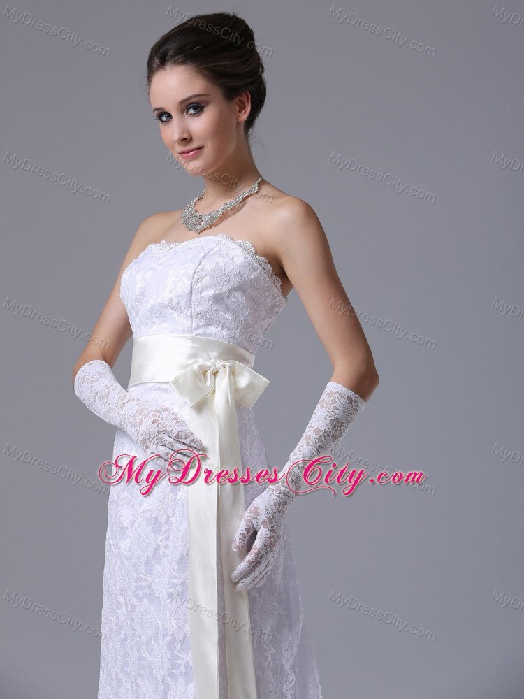 Stylish Strapless Lace Column Brush Wedding Dress With Champagne Sash