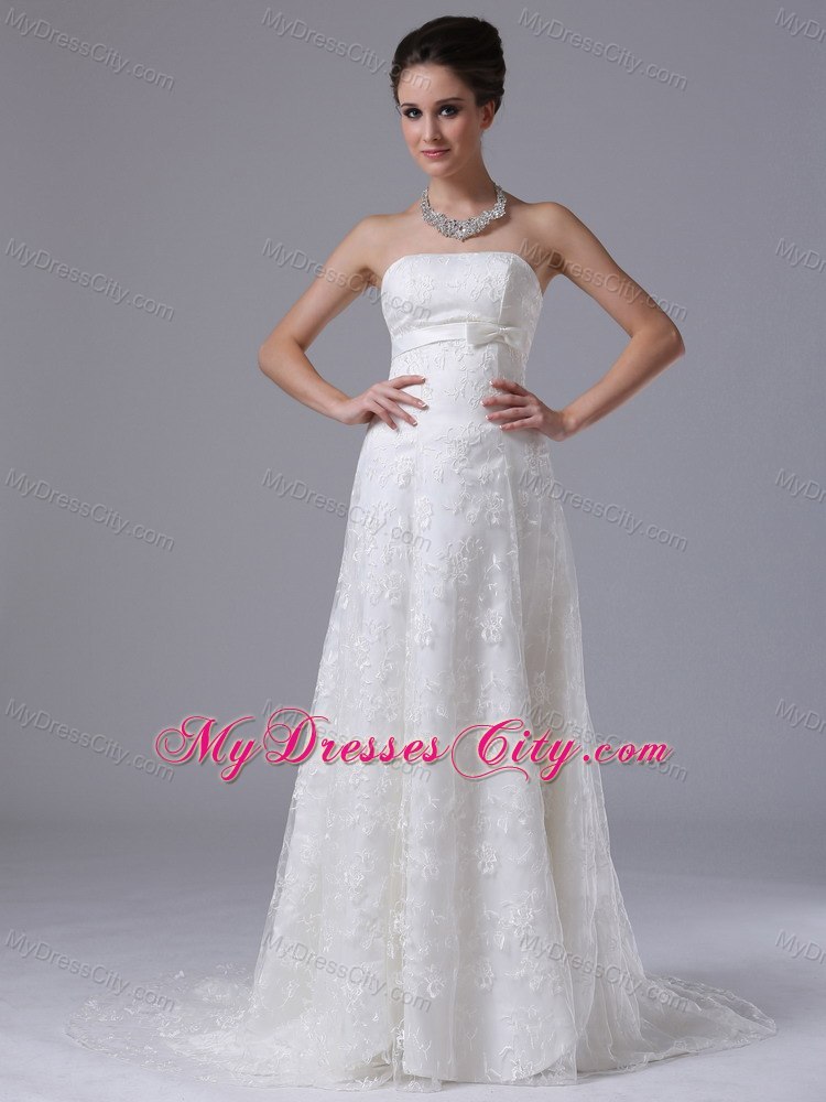 Romantic Column Strapless Lace Bowknot Sweep Wedding Dresses For Hall