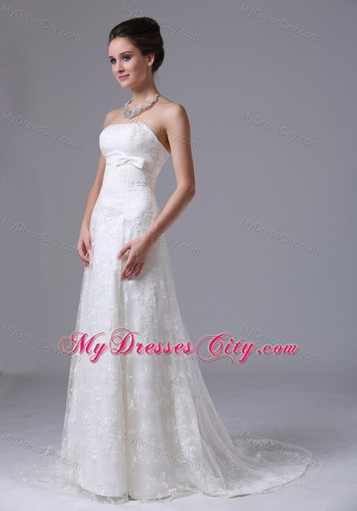 Romantic Column Strapless Lace Bowknot Sweep Wedding Dresses For Hall