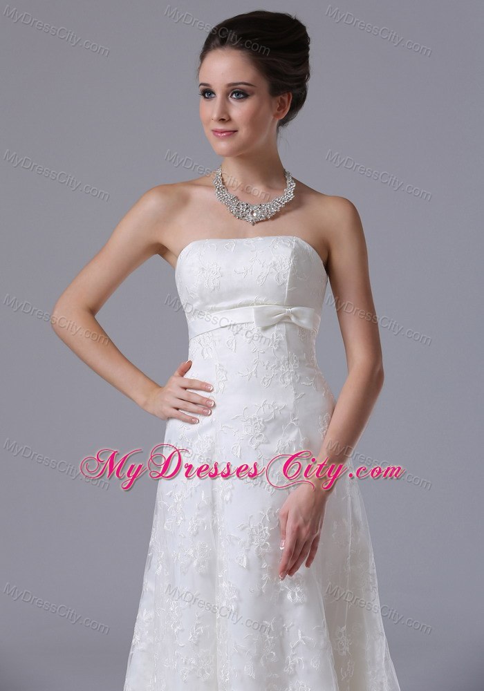 Romantic Column Strapless Lace Bowknot Sweep Wedding Dresses For Hall