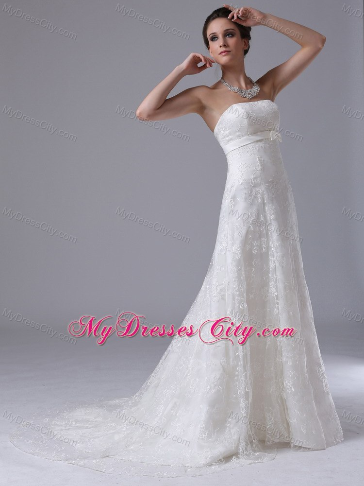 Romantic Column Strapless Lace Bowknot Sweep Wedding Dresses For Hall