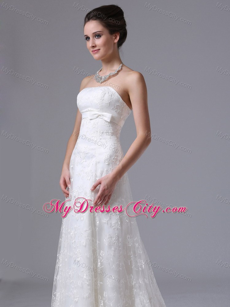 Romantic Column Strapless Lace Bowknot Sweep Wedding Dresses For Hall