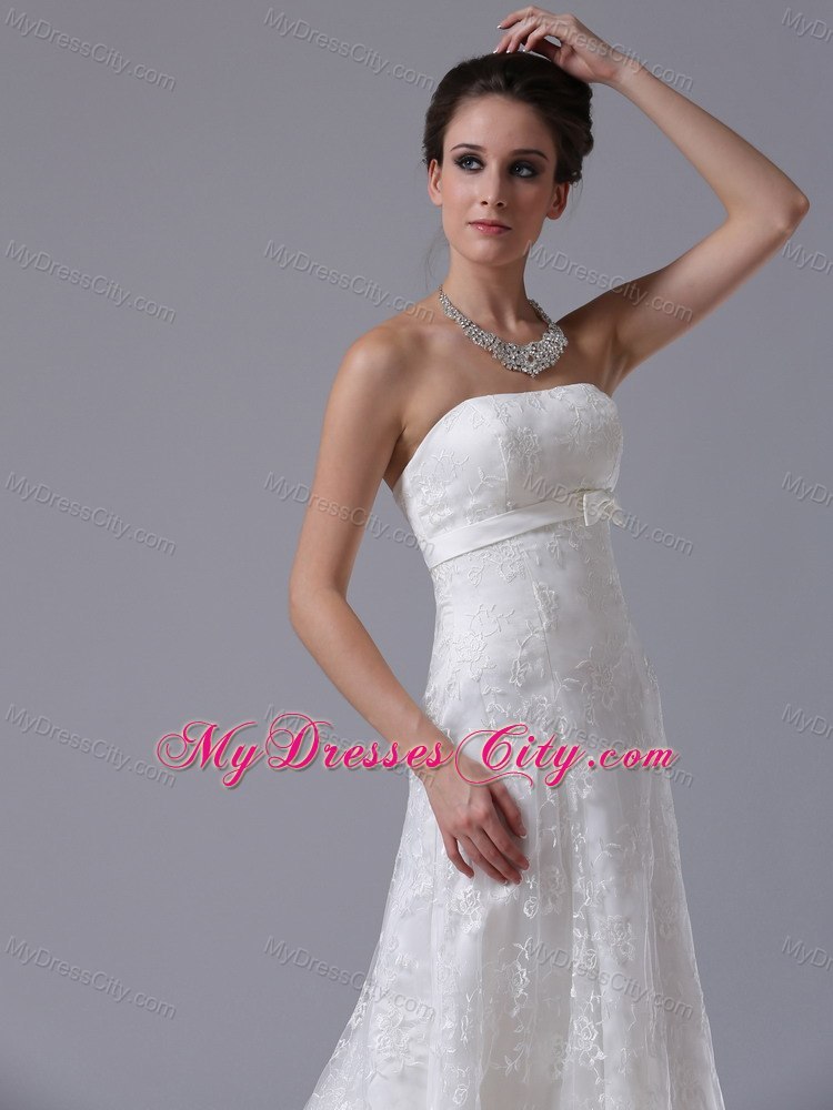 Romantic Column Strapless Lace Bowknot Sweep Wedding Dresses For Hall