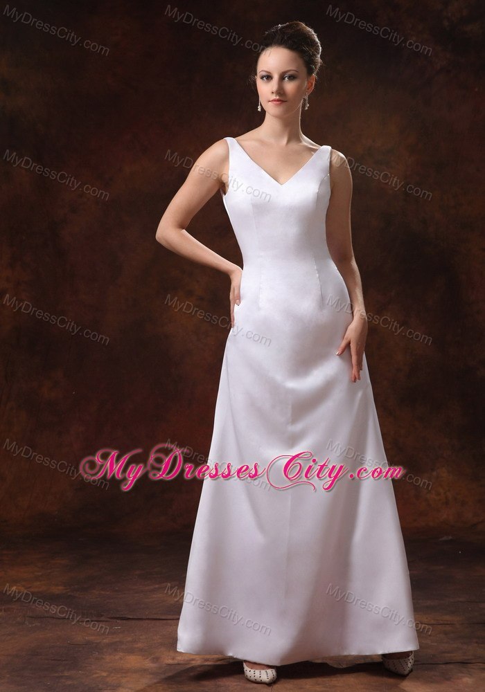 Column V-neck Ankle-length 2013 Summer Bridal Gowns with Zipper-up