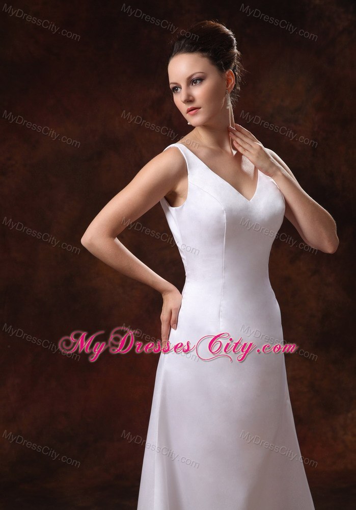 Column V-neck Ankle-length 2013 Summer Bridal Gowns with Zipper-up