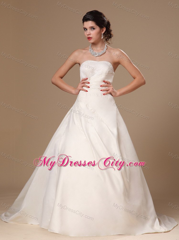 Puffy Strapless Beaded Court Train 2013 Wedding Dress For Church