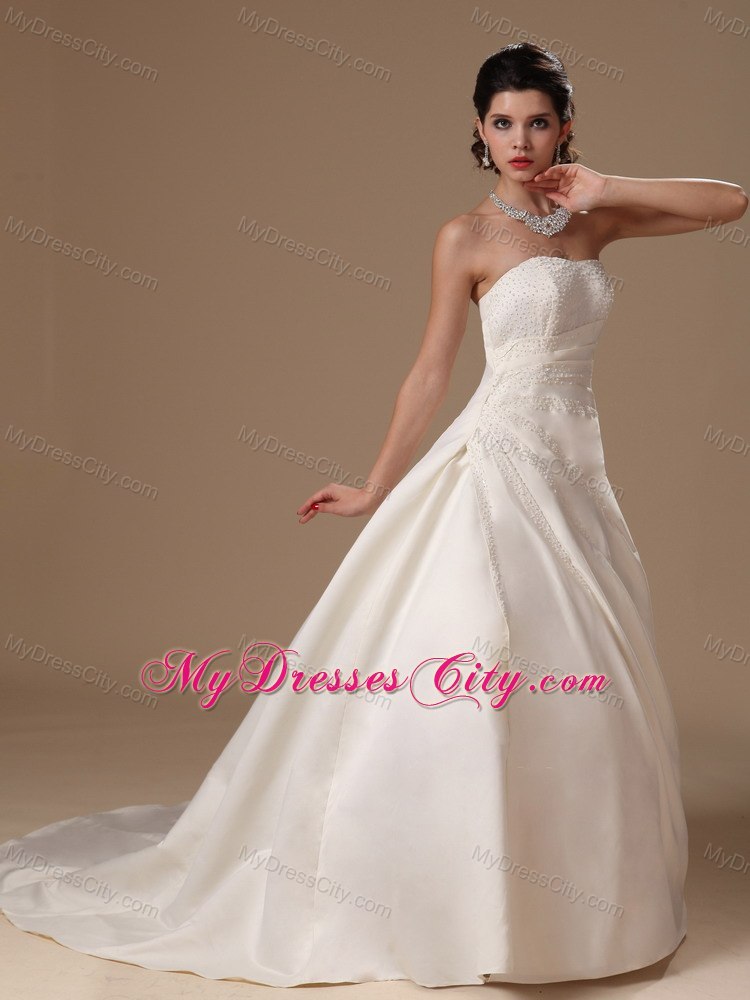 Puffy Strapless Beaded Court Train 2013 Wedding Dress For Church