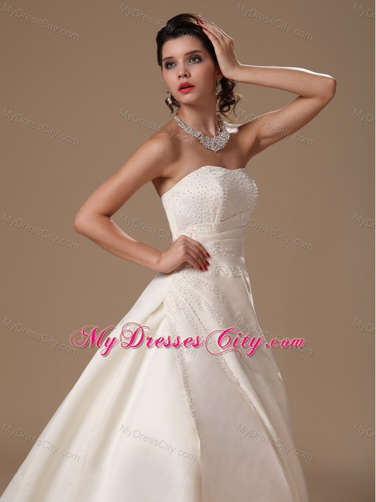 Puffy Strapless Beaded Court Train 2013 Wedding Dress For Church