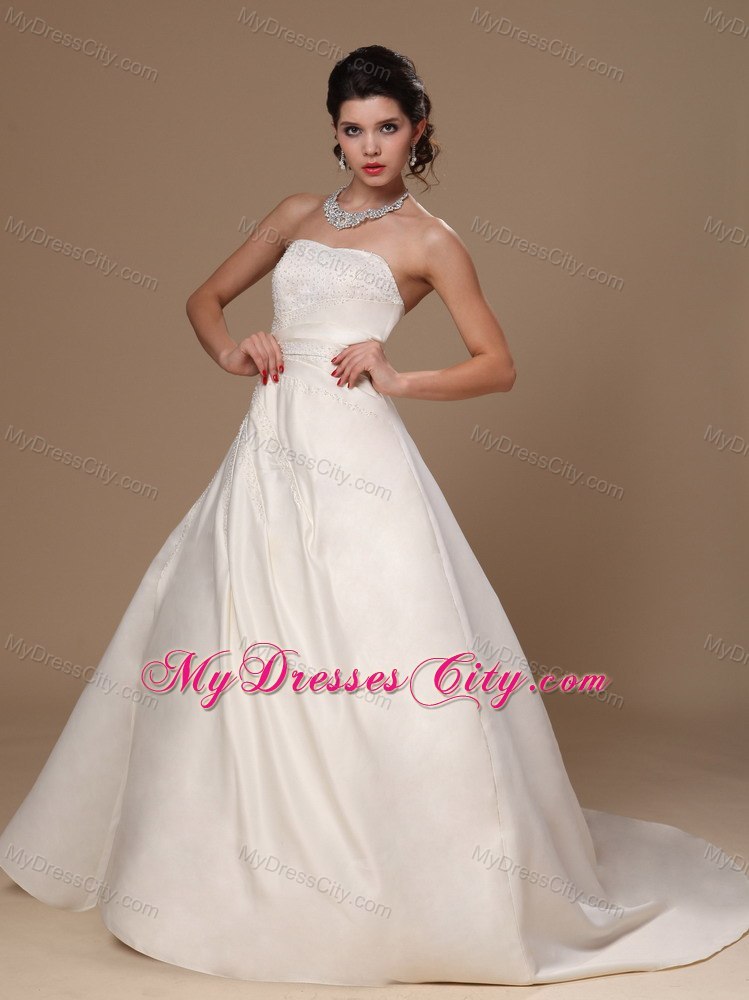 Puffy Strapless Beaded Court Train 2013 Wedding Dress For Church