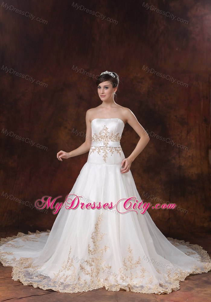 Stylish Chapel Train Straps Wedding Dress for Champagne Embroidery