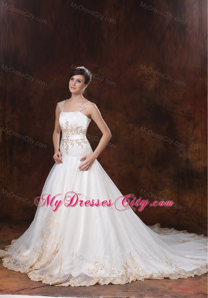 Stylish Chapel Train Straps Wedding Dress for Champagne Embroidery