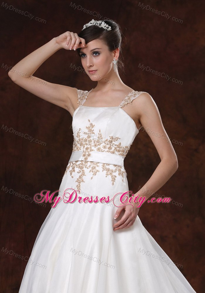 Stylish Chapel Train Straps Wedding Dress for Champagne Embroidery