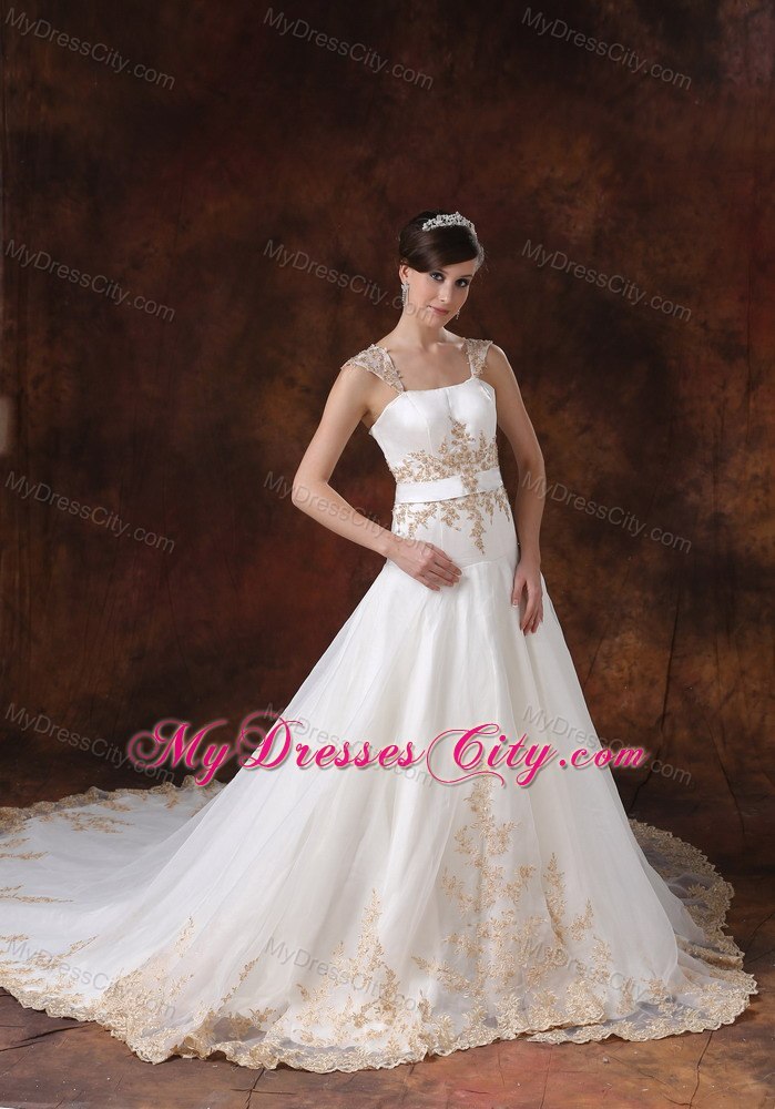 Stylish Chapel Train Straps Wedding Dress for Champagne Embroidery