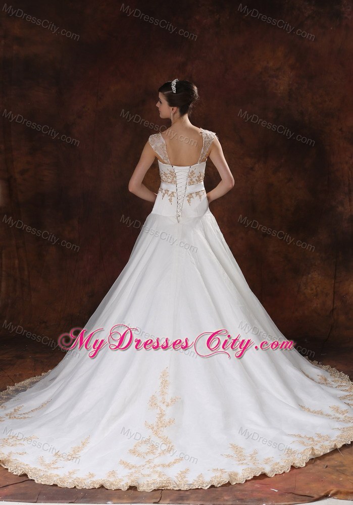 Stylish Chapel Train Straps Wedding Dress for Champagne Embroidery