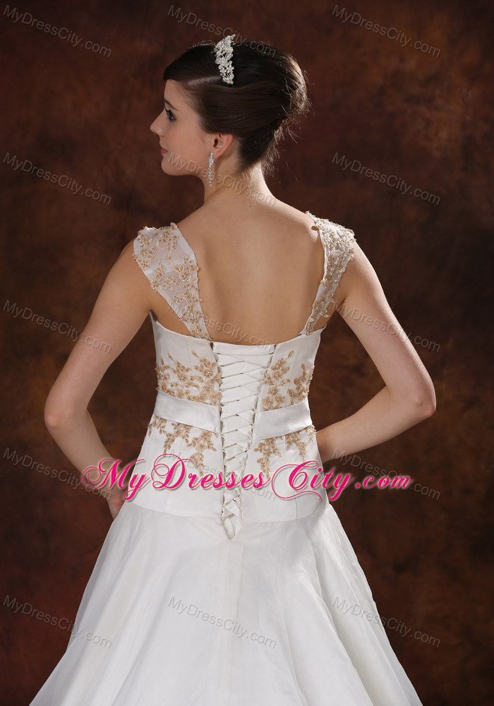 Stylish Chapel Train Straps Wedding Dress for Champagne Embroidery