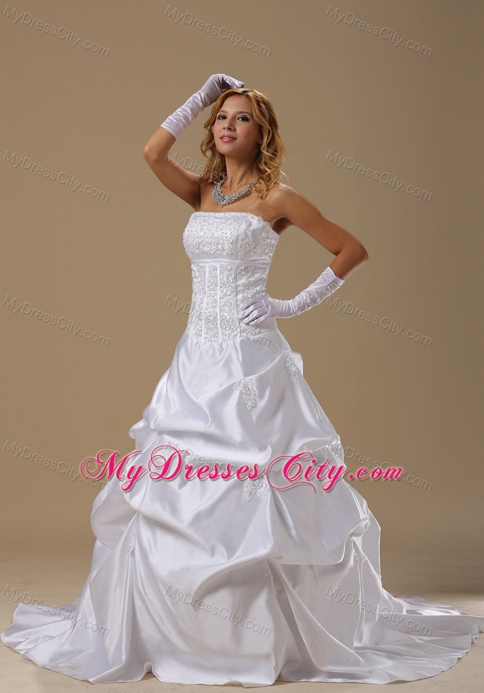 A-line Strapless Brush Train Wedding Dresses With Lace Bodice Pick-ups