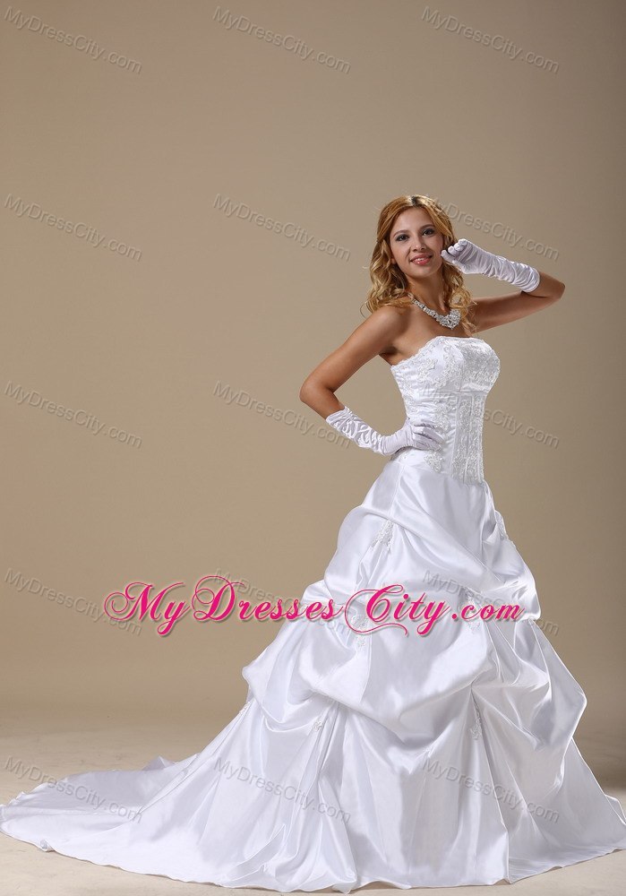 A-line Strapless Brush Train Wedding Dresses With Lace Bodice Pick-ups